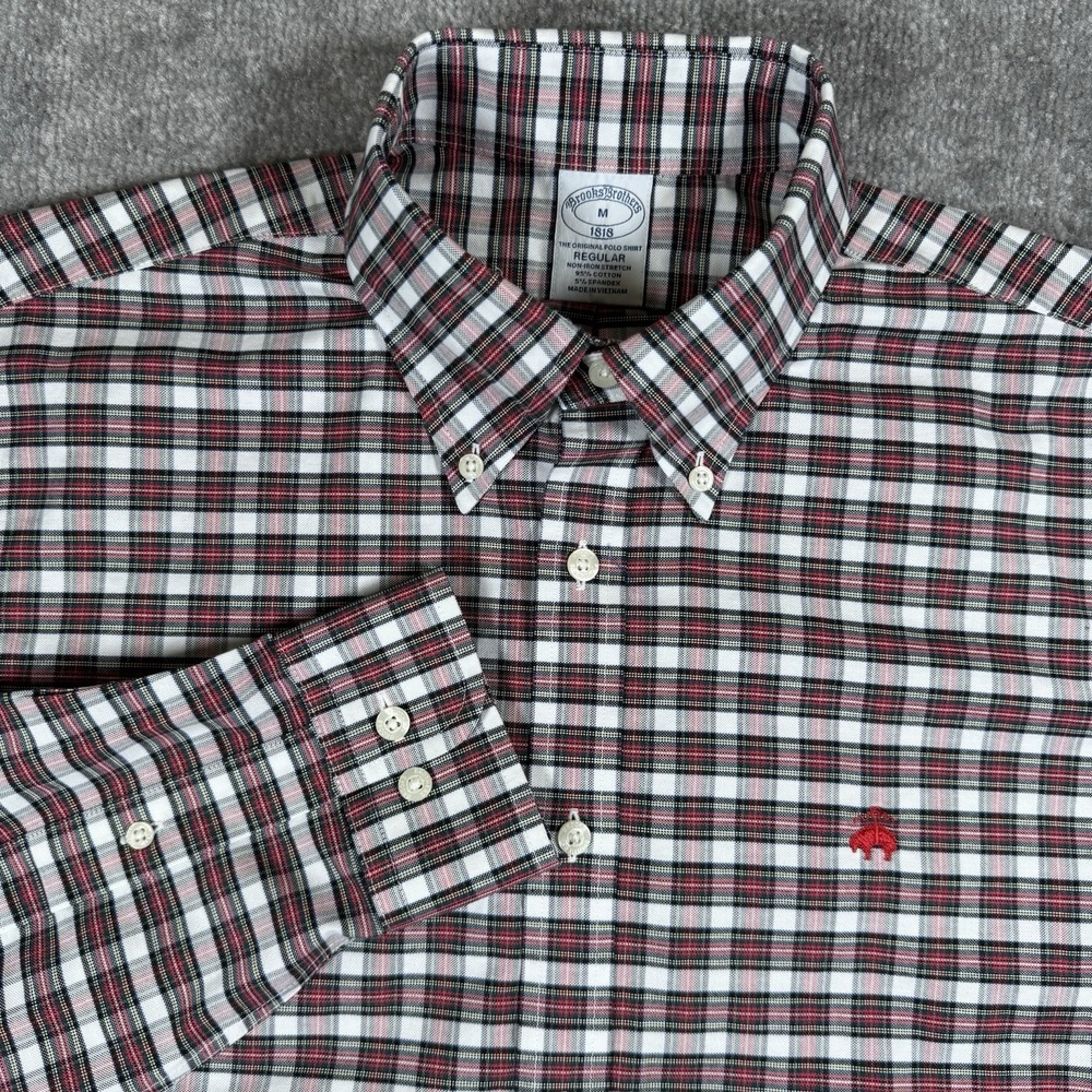 Brooks Brothers Shirt Men's Medium Red Plaid Regular Long Sleeve Office Preppy